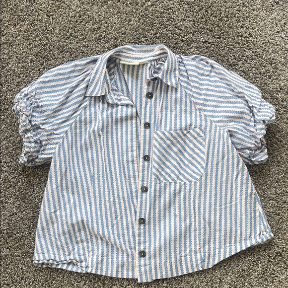 Maeve Tops - Striped Blue & White Womens Anthropologie Button-Up Shirt